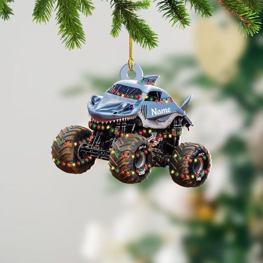 Discover Personalized Shark Monster Truck Christmas Ornament, Custom Name Off-Road Car Xmas Tree Decoration, Gift for Boys Truck Lovers
