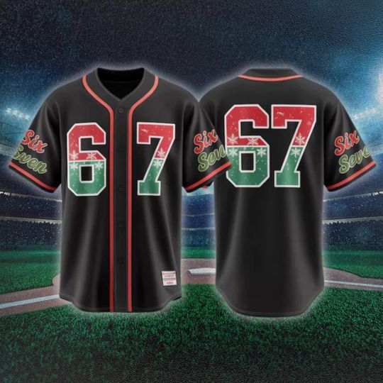 Discover Black Christmas Baseball Jersey 67 | Six Seven Number Shirt, Holiday Snowflake Red Green Sports Button Up, Unisex Game Day Gift for Fans
