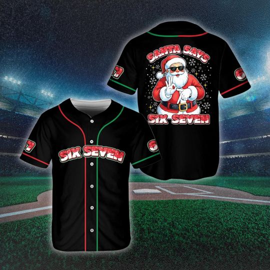 Discover Santa Says Six Seven Baseball Jersey | Black Christmas Button Up, Red Green Piping, Snow Print Graphic, Unisex Holiday Streetwear Gift