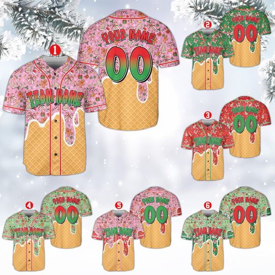 Discover Personalized Christmas Ice Cream Drip Baseball Jersey, Custom Christmas Dripping Baseball Jersey, Festive Team Uniform, Sweet Christmas Gift
