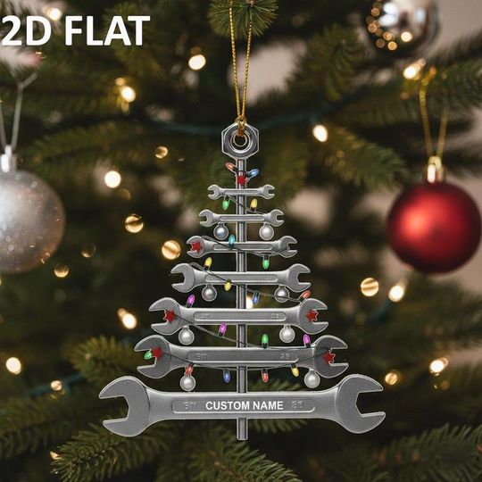 Discover Personalized Wrench Christmas Tree 2D FLAT Ornament, Custom Mechanic Holiday Decoration, Unique Tool Garage Xmas Gift for Him
