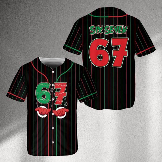 Discover Christmas 67 Baseball Jersey Six Seven Pinstripe Shirt  Black Red Green Holiday Sports Top, Santa Hands Graphic Gift for Men Women Fans