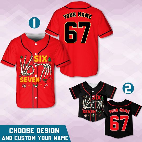 Discover Custom Christmas Six Seven Meme Baseball Jersey, Trending 67 Hand Christmas Jersey, Christmas Santa 67, Personalized Matching Xmas Costume