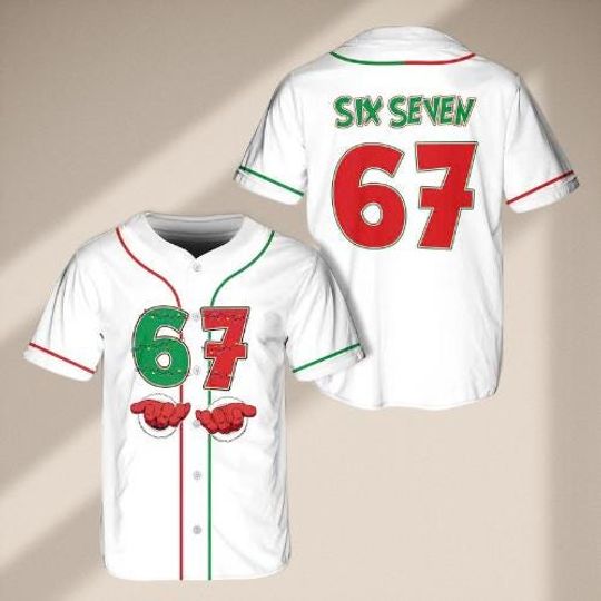 Discover Funny Six Seven Meme Christmas Baseball Jersey, Trending 67 Hand Santa Shirt,Festive Holiday Outfit, Matching Xmas Costume Gift