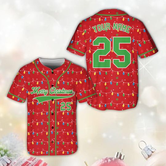 Discover Personalized Merry Christmas Baseball Jersey, Custom Christmas Lights Baseball Jersey, Festive Christmas Party Gift, Holiday Team Outfit