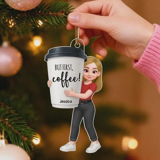 Discover Coffee Girl 2D Flat Ornament, Personalized Acrylic Ornament, Christmas Gift For Coffee Lovers