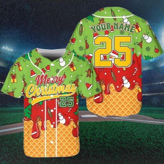 Discover Personalized Merry Christmas Baseball Jersey, Custom Name Number Holiday Shirt, Festive Unisex Top, Ugly Sweater Party Outfit Christmas