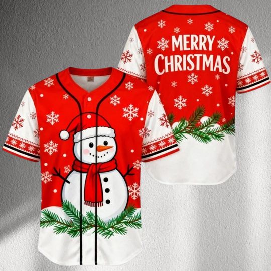 Discover Snowman Christmas Baseball Jersey, Merry Christmas Red White Snowflake Shirt, Festive Holiday Baseball Top for Parties, Unisex Winter Gift
