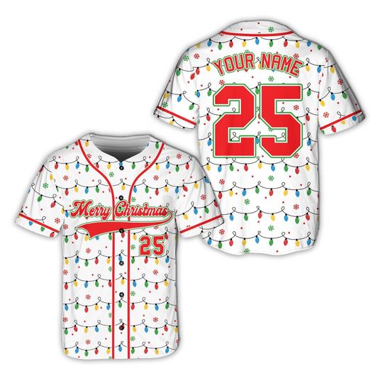 Discover Personalized Merry Christmas Baseball Jersey, Custom NameAnd Number Christmas Lights Jersey, Festive Holiday Outfit, Christmas Team Uniform