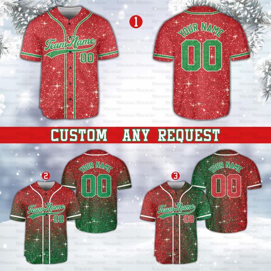Discover Custom Faux Glitter Christmas Baseball Jersey, Personalized Name Number, Matching Baseball Jersey Uniform, Merry Christmas Holiday Jersey