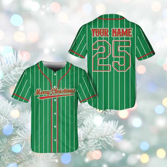 Discover Merry Christmas Baseball Jersey  Custom Name & Number 25, Red or Green Pinstripe Holiday Softball Shirt, Personalized Xmas Team Gift