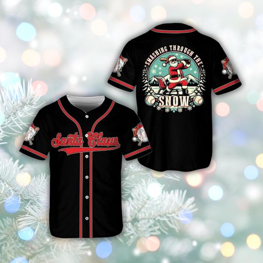 Discover Santa Claus Baseball Jersey  Smashing Through the Snow Holiday Shirt, Black Button Front Softball Top, Christmas Gift for Men