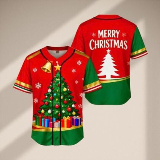 Discover Christmas Tree Baseball Jersey, Red Green Merry Christmas Shirt, Festive Holiday Softball Uniform, Snowflake Bell Gift