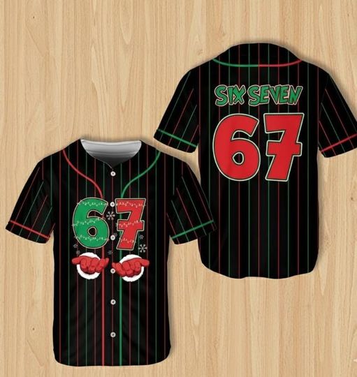 Discover Trending 67 Funny Christmas Baseball Jersey  Six Seven Meme Shirt, Festive Santa Holiday Outfit, Gift Idea