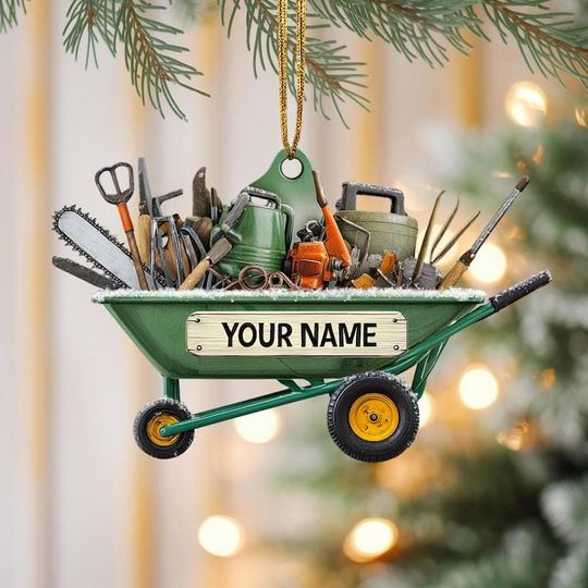 Discover Personalized Gardener Wheelbarrow Ornament, Custom Name Garden Tool Christmas Tree Decor, Gift for Landscapers and Plant Lovers