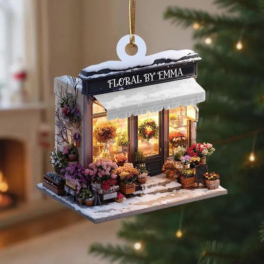Discover 2D FLAT Flower Shop Acrylic Ornament, Christmas Storefront Decoration, Holiday Tree Ornament, Personalized Winter Gift for Florist Lovers