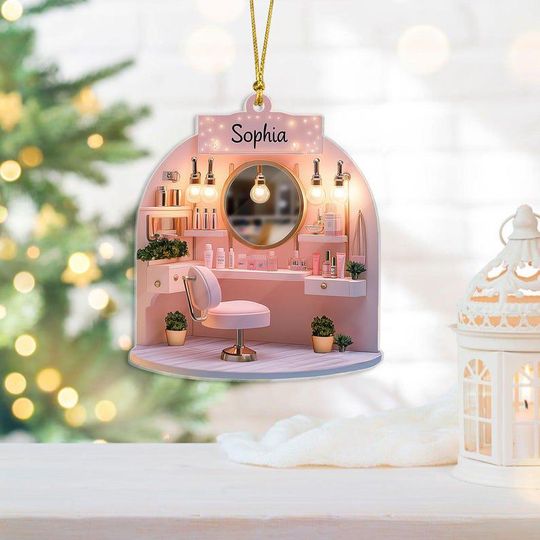 Discover 2D FLAT Personalized Pink Makeup Acrylic Ornament, Makeup Christmas Ornament, Teen Girl Ornament, Xmas Artist Christmas Ornament Decor Gift
