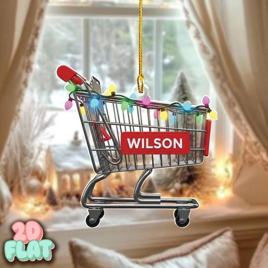 Discover Personalized Shopping Cart 2D FLAT Christmas Ornament, Custom Name Grocery Holiday Decor, Funny Retail Worker Xmas Tree Gift for Shopper