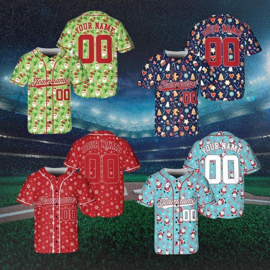 Discover Custom Christmas Baseball Jersey | Your Name 00 Back, Teamname Script Front, All Over Santa Snowflake Gingerbread Pattern, Unisex Fan Shirt