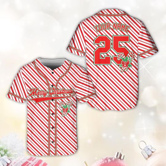 Discover Personalized Christmas Baseball Jersey, Custom Name And Number Christmas Jersey, Candy Cane Stripe Xmas Jersey, Holiday Matching Team Outfit