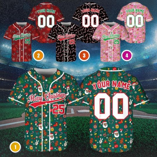 Discover Personalized Merry Christmas Baseball Jersey | Custom Name and Number 00, All Over Festive Pattern, Unisex Button Up Holiday Gift Shirt