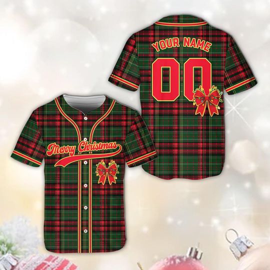 Discover Buffalo Plaid Merry Christmas Baseball Jersey, Custom Name And Number Coquette Christmas Jersey, Festive Xmas Family Matching Outfit
