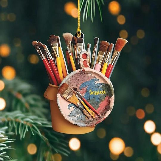 Discover 2D FLAT Artist Paint Brush Acrylic Ornament, Personalized Art Lover Christmas Tree Decoration, Custom Holiday Gift for Painters and Creative