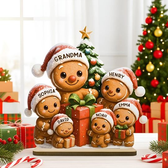Custom Gingerbread Family Standing Wooden Plaque, Personalized Christmas Decoration, Gifts for Grandma and Grandkids,Holiday Family Keepsake