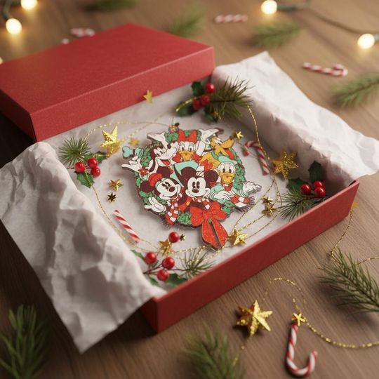 Discover Disney Holiday Mickey And Friends Christmas Wreath Acrylic Ornaments, Mickey & Co Group Christmas Decor, Disney Family Holiday Keepsake