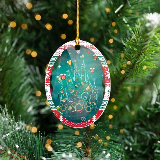 Discover Funny Mickey Xmas Wreath Watercolor Acrylic Ornaments, Disney Castle Christmas Coquette Bow Ornament, Most Magical Holiday On Earth Decor