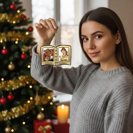 Discover Retro Belle And Beast Book Locket Acrylic Ornaments, Beauty And The Beast Christmas Decor, Disney Princess Holiday Decor, Gift For Couple
