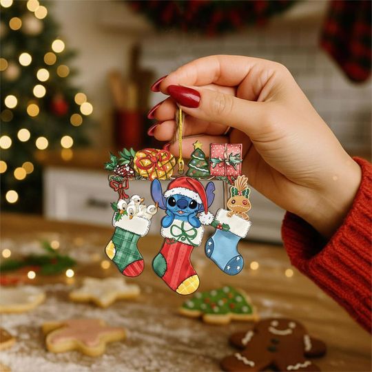 Discover Funny Stitch With Scrump And Ducklings Stock Acrylic Ornament, Stitch Santa Ornament, Scrump Gingerbread Decor, Disney Christmas Tree Decor