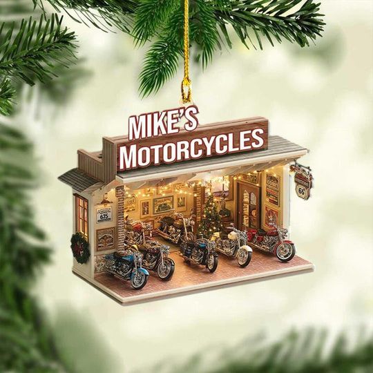 Discover Personalized Motorcycle Shop Ornament ,Custom Name Vintage Biker Garage Christmas Decoration with Motorcycles