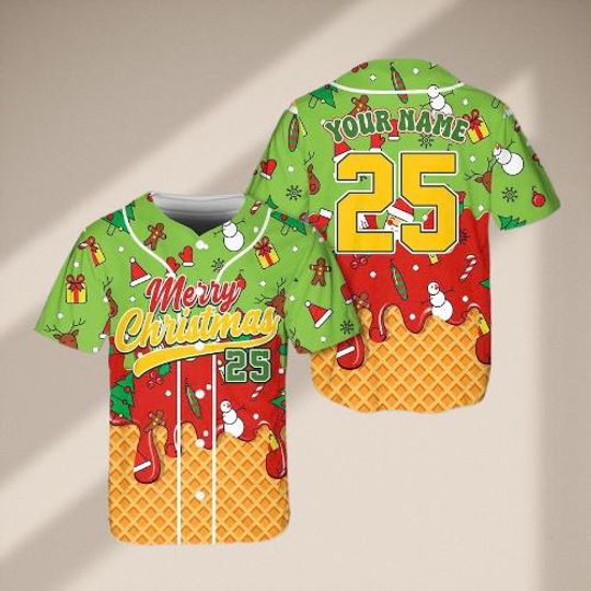Discover Personalized Christmas Baseball Jersey  Custom Name Number Holiday Shirt, Merry Xmas Family Gift with Snowman & Gingerbread Design