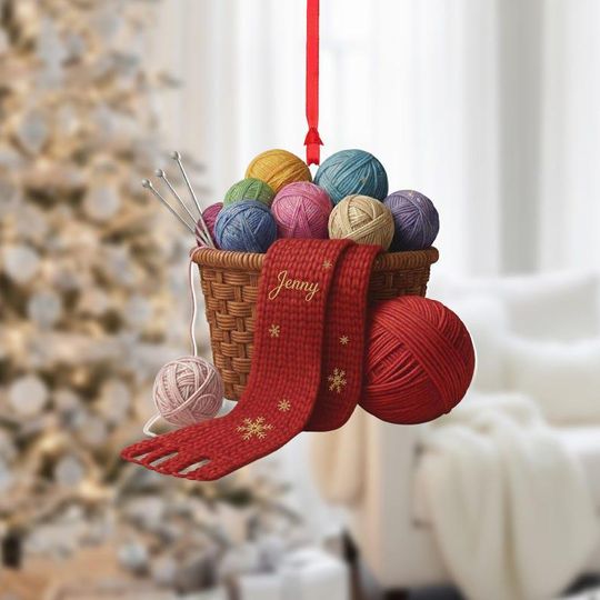 Discover Personalized Knitting Ornament: Custom Yarn Basket Gift, Double-Sided Print