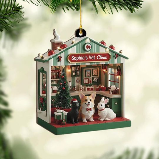 Discover Charming Miniature Vet Clinic Ornament, Custom Animal Hospital Christmas Decor, Personalized Holiday Gift for Veterinarian or Pet Lover