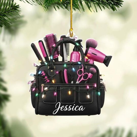 Discover Personalized Hairstylist 2D FLAT Christmas Ornament, Custom Cosmetology Bag Holiday Decor, Salon Gift for Hairdresser, Barber Xmas Tree
