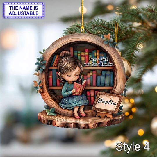 Discover Booklover Acrylic Ornament with Wooden Sign  Glossy 2D Acrylic Effect Girl Reading in Tree Hollow, Custom Name Personalized Christmas Gift