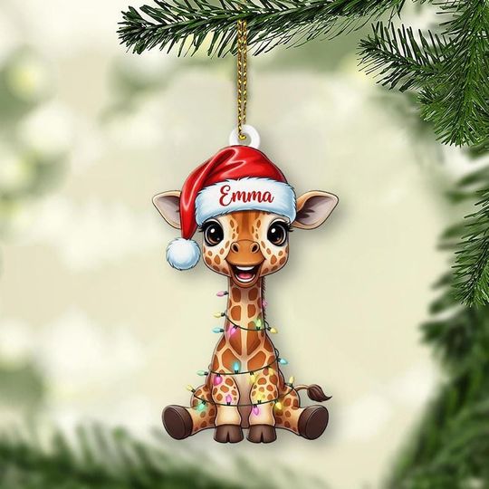 Discover PersonalIized Giraffe Ornament, Custom Xmas Tree Decor with Santa Hat & Lights, Cute Animal Holiday Gift Keepsake for Family, Friends Gift