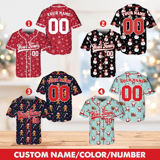 Discover Personalized Christmas Baseball Jersey Adult Kid Youth, Custom Name Number Holiday Jersey, Xmas Gift Shirt Santa Snowman Gingerbread Shirt