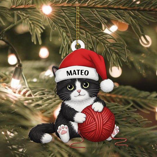 Discover CUSTOMIZABLE Cat Ornament, PERSONALIZABLE Tuxedo Kitten with Santa Hat and Yarn Ball, Cute Christmas Gift for Cat Lovers, Family, Friends