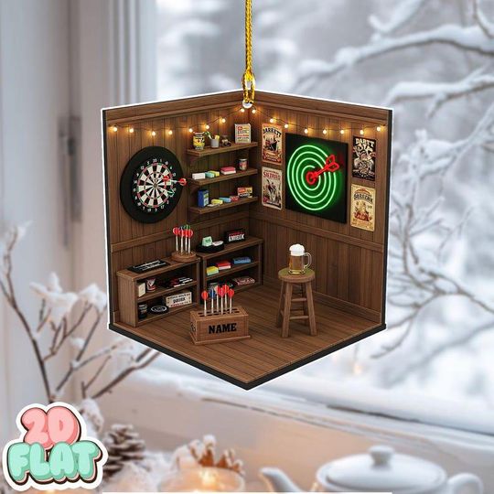 Discover Personalized Dart Room 2D FLAT Ornament, Custom Name Bar Game Decor for Dart Player, Mini Pub Christmas Gift for Him, Dart Game Room Decor