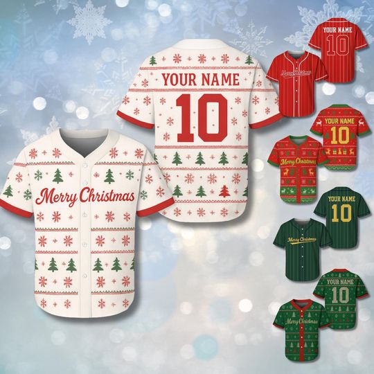 Discover Custom Christmas Baseball Jersey with Your Name & Number, Ugly Sweater Pattern Button Up, Unisex Holiday Team Shirt, Festive Family Gift