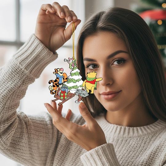 Vintage Winnie The Pooh and Friends Christmas Acrylic Ornament, Hundred Acre Wood to North Pole Holiday Decor