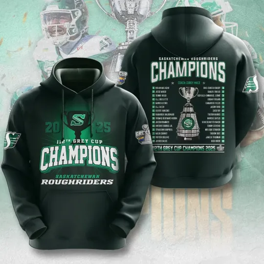 Saskatchewan Roughriders 2025 Grey Cup Champions 3D Hoodie