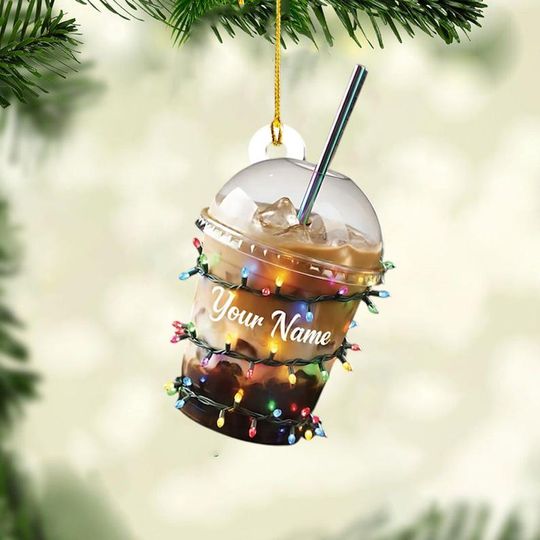Discover Personalized Iced Coffee Cup Christmas Ornament, Custom Name Caffeine Lover Gift, Unique Barista Decor, Funny Coffee Drinker Xmas Hanging
