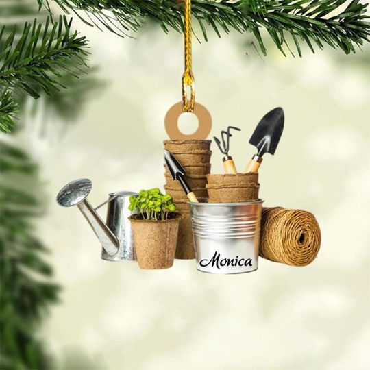 Discover Custom Name Garden Tool Christmas Ornament, Christmas Tree Hanging Decor, Flat 2D Ornament Acrylic/ Wooden, Gardening Lover Gift