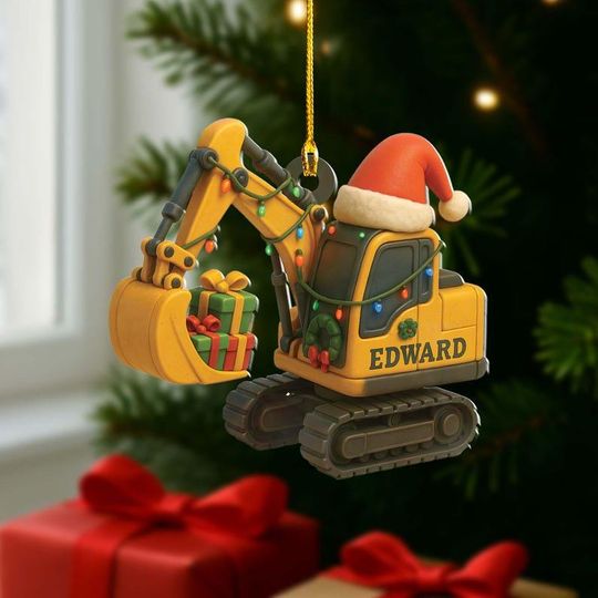 Discover Personalized 2D Flat Excavator Christmas Ornament: Construction Truck Holiday Decor