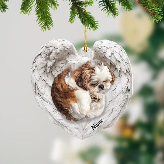 Discover Personalized Shih Tzu Dog Sleeping Angel Wings Ornament, Dog Christmas Ornament, Dog Car Ornament, Gift For Pet Lover