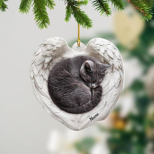 Discover Personalized Gray Cat Sleeping Angel Wings Ornament, Gray Cat Christmas Ornament Gift, Car Ornament, Gift For Pet Lovers